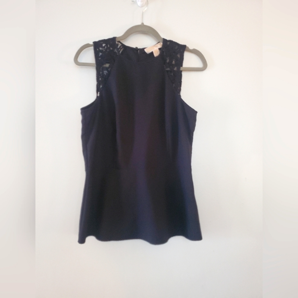 MICHAEL Michael Kors Black Cap Sleeve Peplum Blouse with Lace Detail